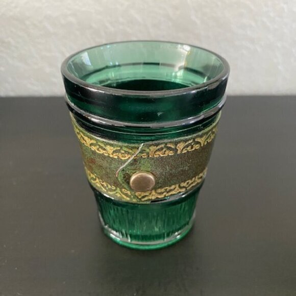 RARE! Vintage MCM Emerald Green Leather Banded Tumbler Glasses Set of 6 - Picture 4 of 14